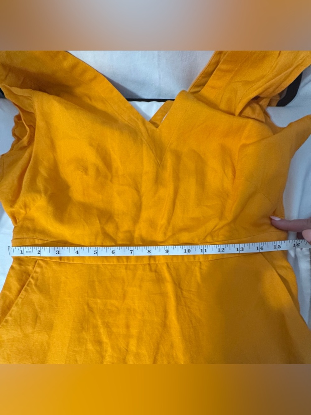 LOFT Linen Blend Mustard Yellow Midi Dress Sz 6 Ruffle Sleeve V-Neck w/ pockets! - Picture 10 of 10